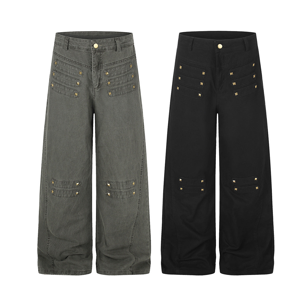 Wide-Leg Studded Denim Pants – Relaxed Fit Vintage American Street Style