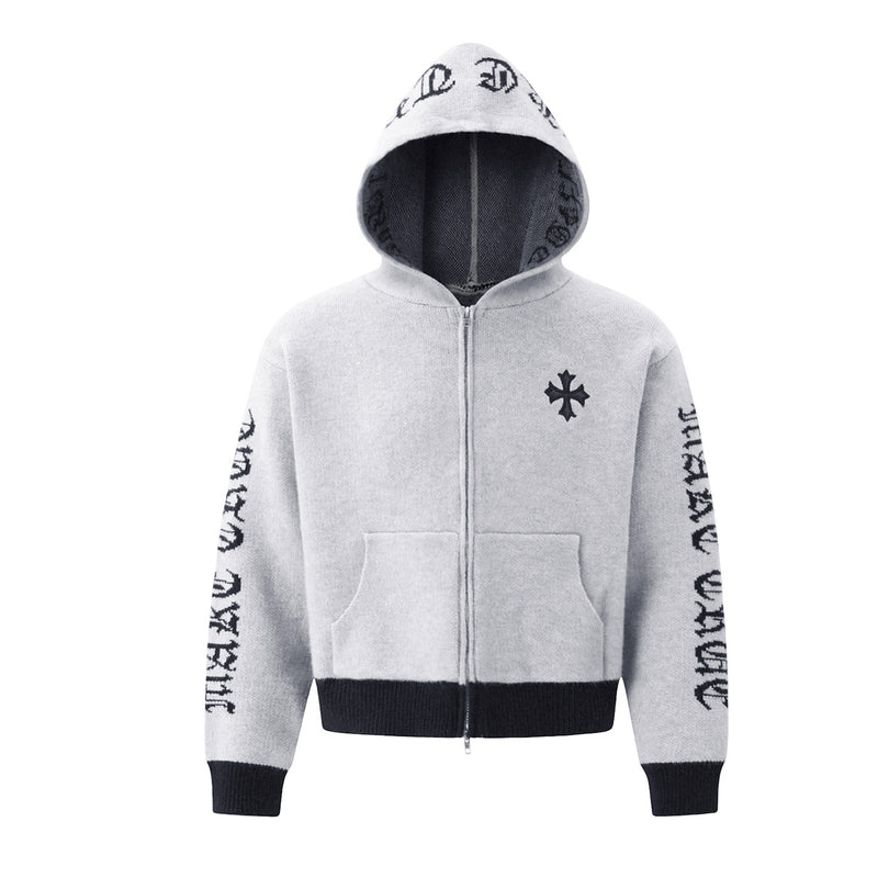 Gothic cross knit zip-up hoodie with Old English sleeve script in gray colorway, front view