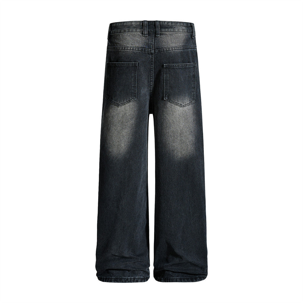 Men's Vintage Washed Wide-Leg Jeans – Relaxed Straight Fit with Horse Charm