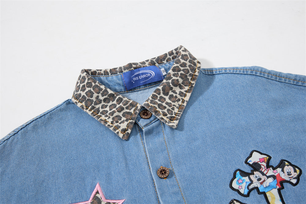 Denim Shirt Men's Long Sleeve Cross Patch Embroidery Leopard Collar Oversized