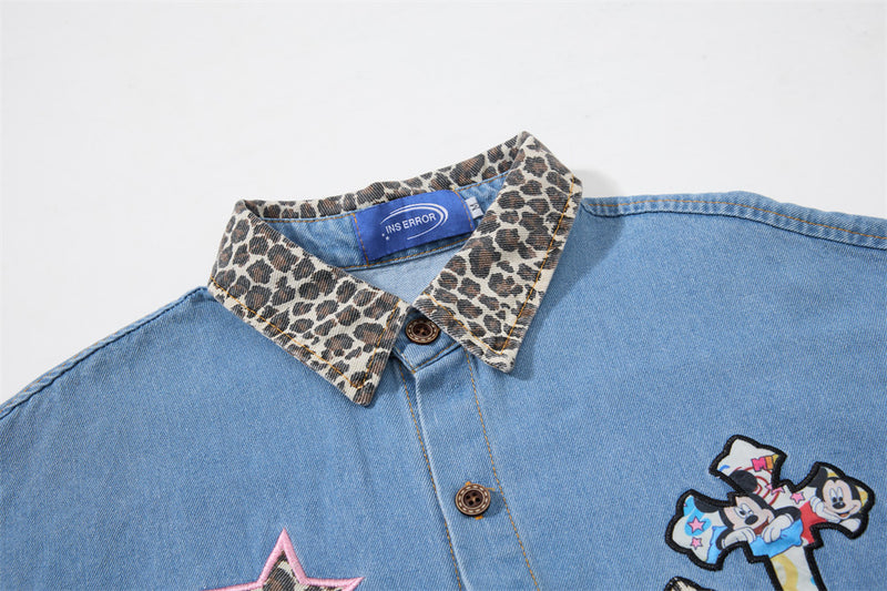 Denim Shirt Men's Long Sleeve Cross Patch Embroidery Leopard Collar Oversized