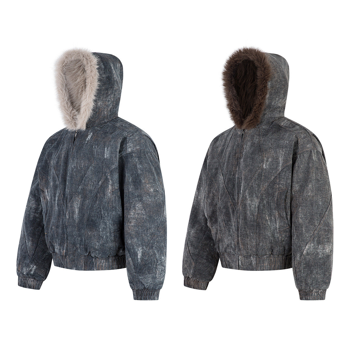Washed Denim Bomber Jacket with Faux Fur Hood – Vintage American Style