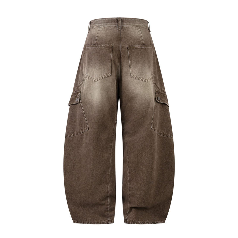 Jean cargo baggy taille haute – Denim marron délavé à jambes larges et coutures courbes