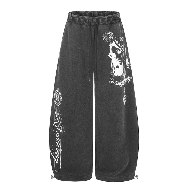 Wide-Leg Sweatpants with Cross & Madonna Graphic – Acid Wash Streetwear Joggers