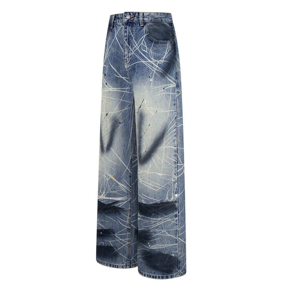 Wide-Leg Jeans with Paint Splatter & Distressed Scratch Print — Grunge Baggy Fit