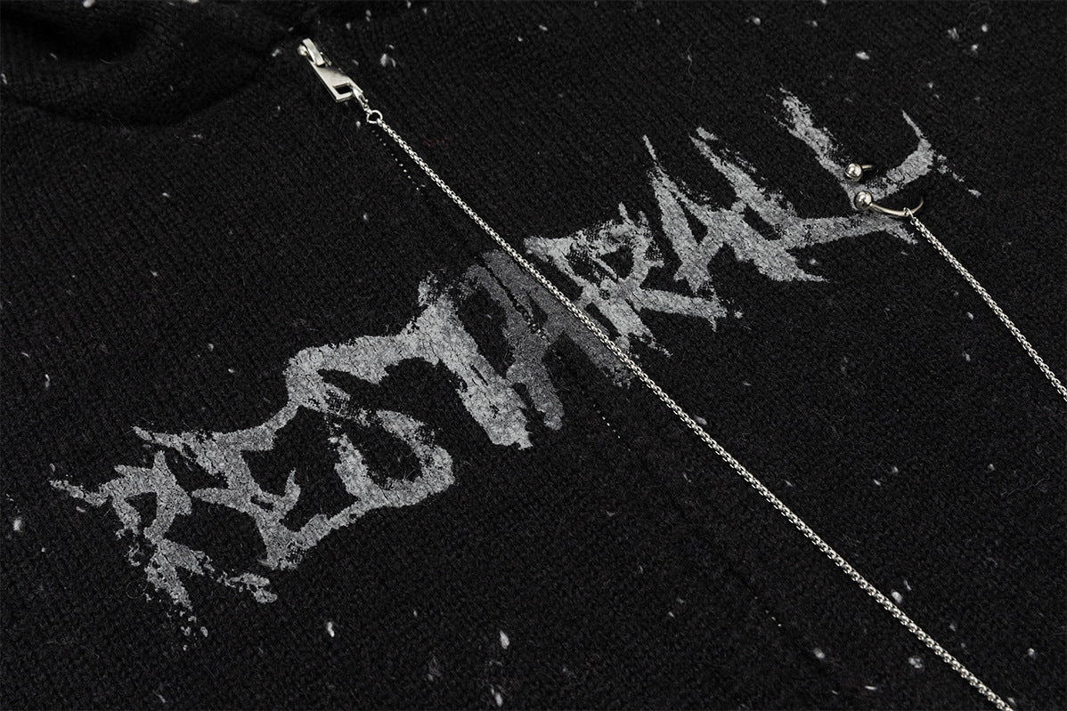 Dark Angel Wings Knit Zip-Up Hoodie – Distressed Black Sweater Hoodie
