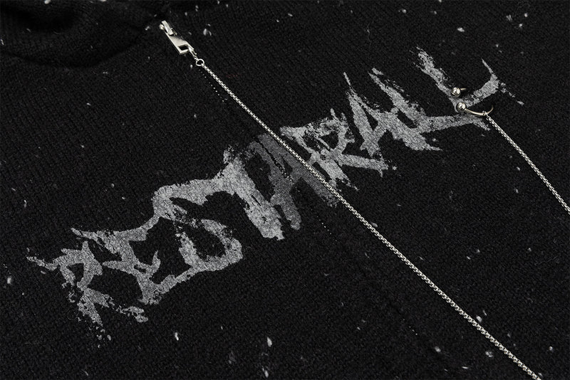 Dark Angel Wings Knit Zip-Up Hoodie – Distressed Black Sweater Hoodie