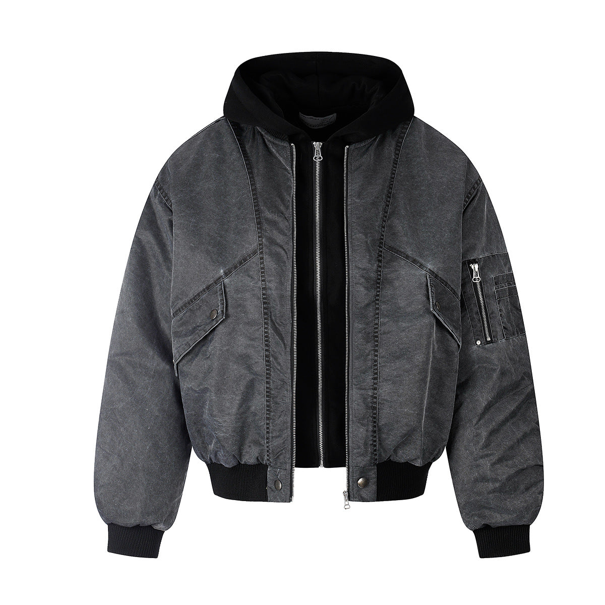 Oversized Padded Bomber Jacket – Faux Two-Piece Hooded Cotton Outerwear