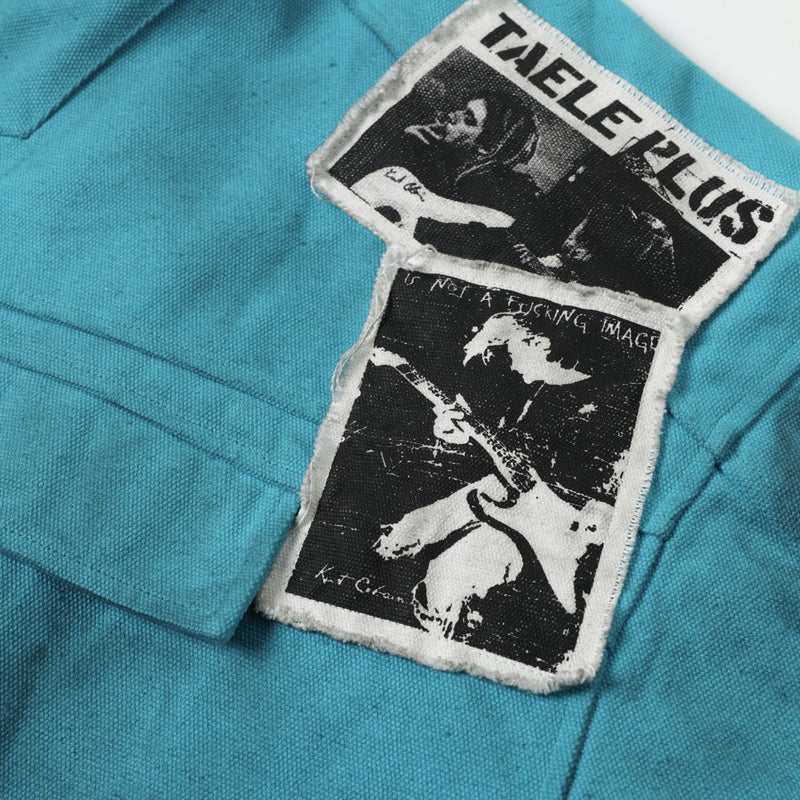 Distressed High-Collar Bomber Jacket – Teal Patch-Work Punk Workwear