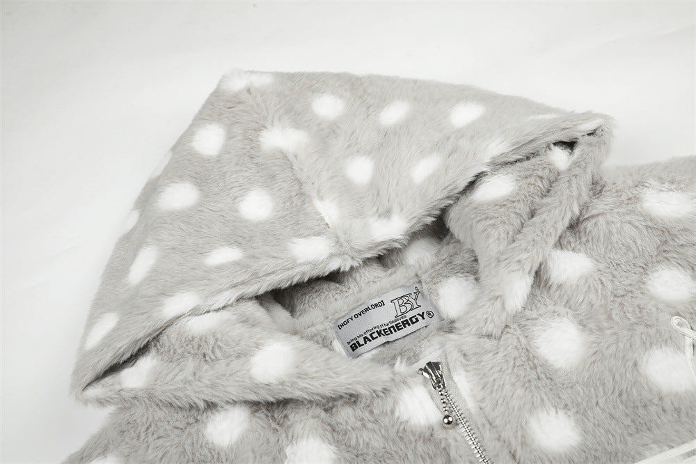 Polka Dot Faux Mink Hooded Zip Jacket – Oversized Streetwear Coat with Ornate