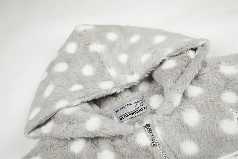 Polka Dot Faux Mink Hooded Zip Jacket – Oversized Streetwear Coat with Ornate