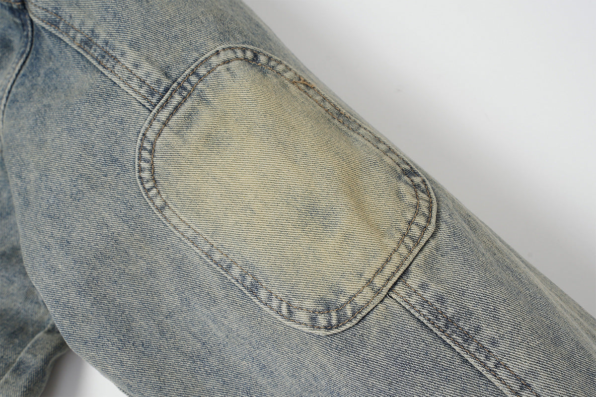 Veste en denim délavé et usé à lettrage Old English – Coupe workwear droite