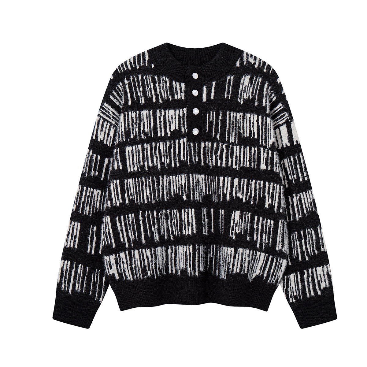 Abstract Stripe Jacquard Knit Sweater – Henley Neck, Oversized Fit