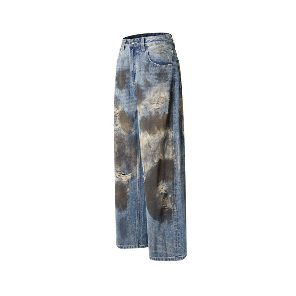 Wide-Leg Distressed Jeans – Dirty Wash Tie-Dye Ripped Denim, Relaxed Fit