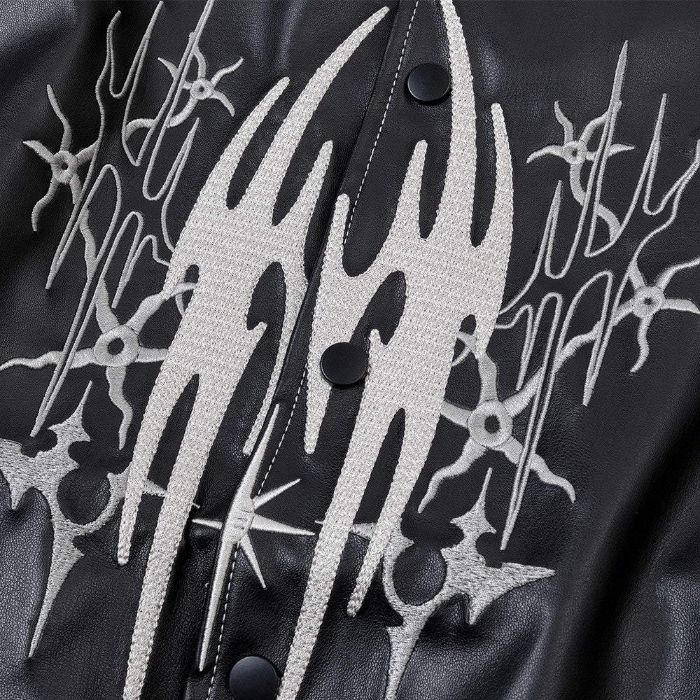 Leather Bomber Jacket Men – PU Punk Tribal Embroidery Oversized Varsity Jacket