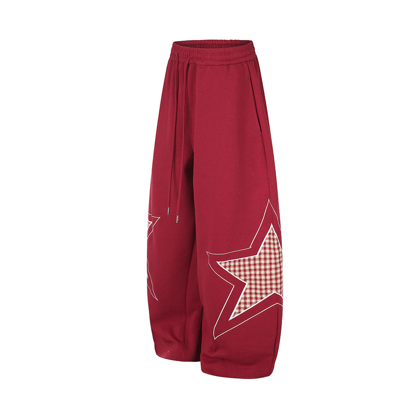 Wide-Leg Star Patch Sweatpants – Oversized Streetwear Joggers with Plaid