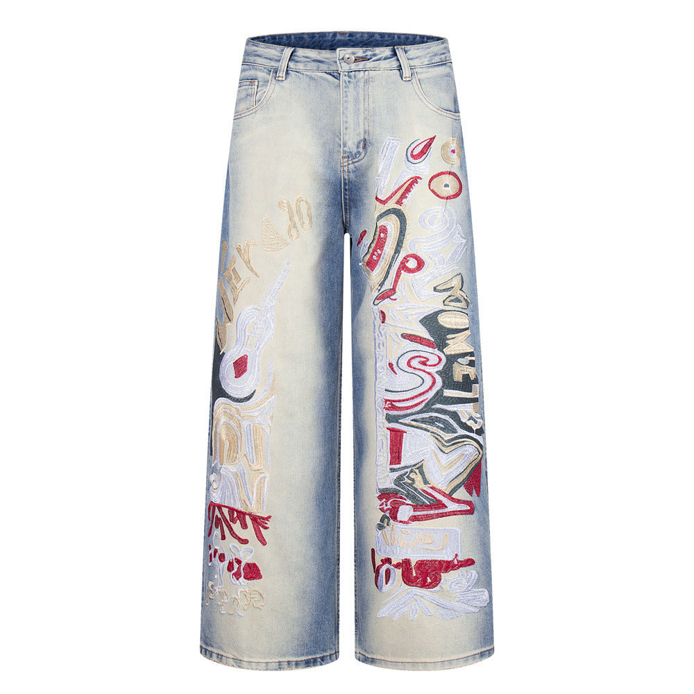 Graffiti Embroidered Wide-Leg Jeans – Punk Distressed Vintage Denim
