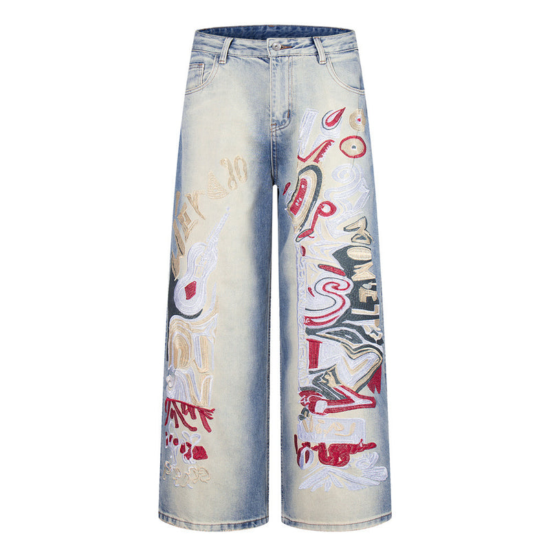 Graffiti Embroidered Wide-Leg Jeans – Punk Distressed Vintage Denim