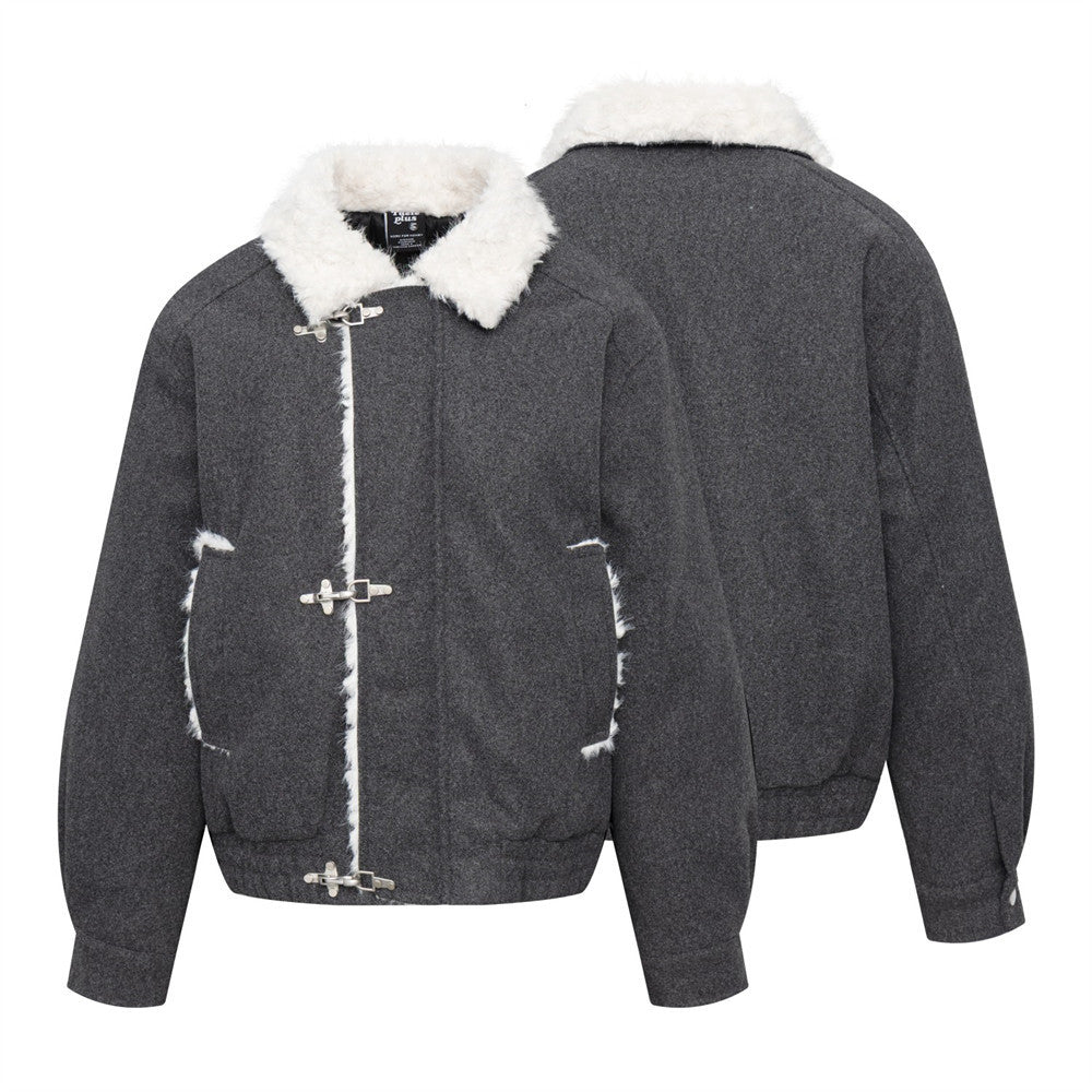 Wool Bomber Jacket Men – Shearling Collar, Metal Clasp Closure, Charcoal