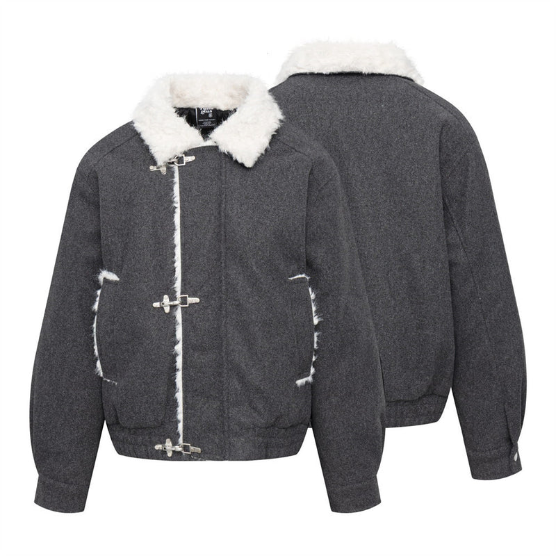 Wool Bomber Jacket Men – Shearling Collar, Metal Clasp Closure, Charcoal