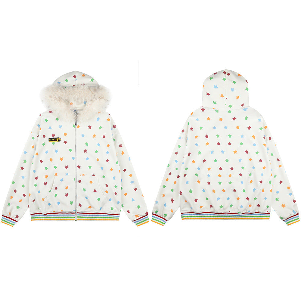Hoodie zippé homme à imprimé étoiles colorées et capuche en fausse fourrure — Oversize hip-hop