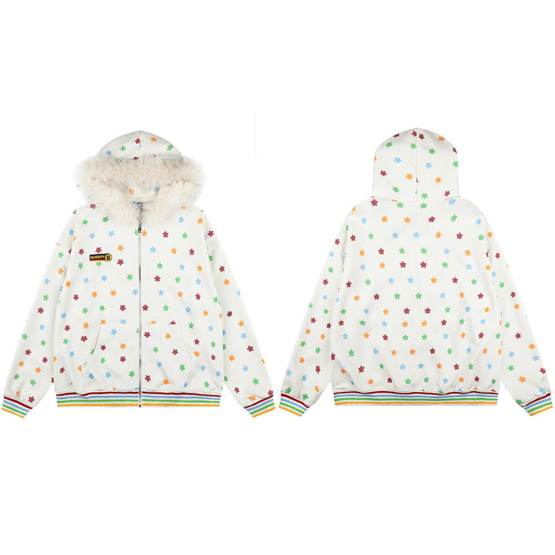 Hoodie zippé homme à imprimé étoiles colorées et capuche en fausse fourrure — Oversize hip-hop