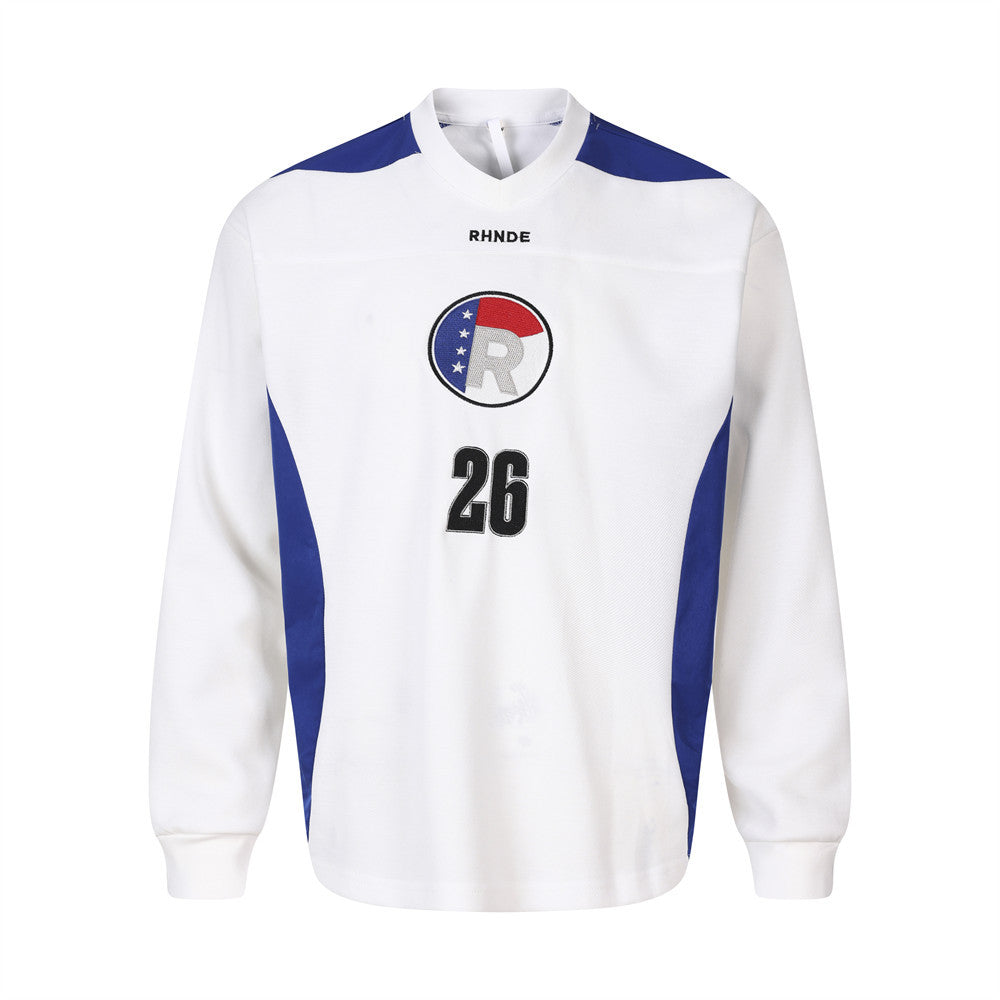 Men's white long sleeve V-neck t-shirt with royal blue colorblock panels and embroidered chest logo, front and back view