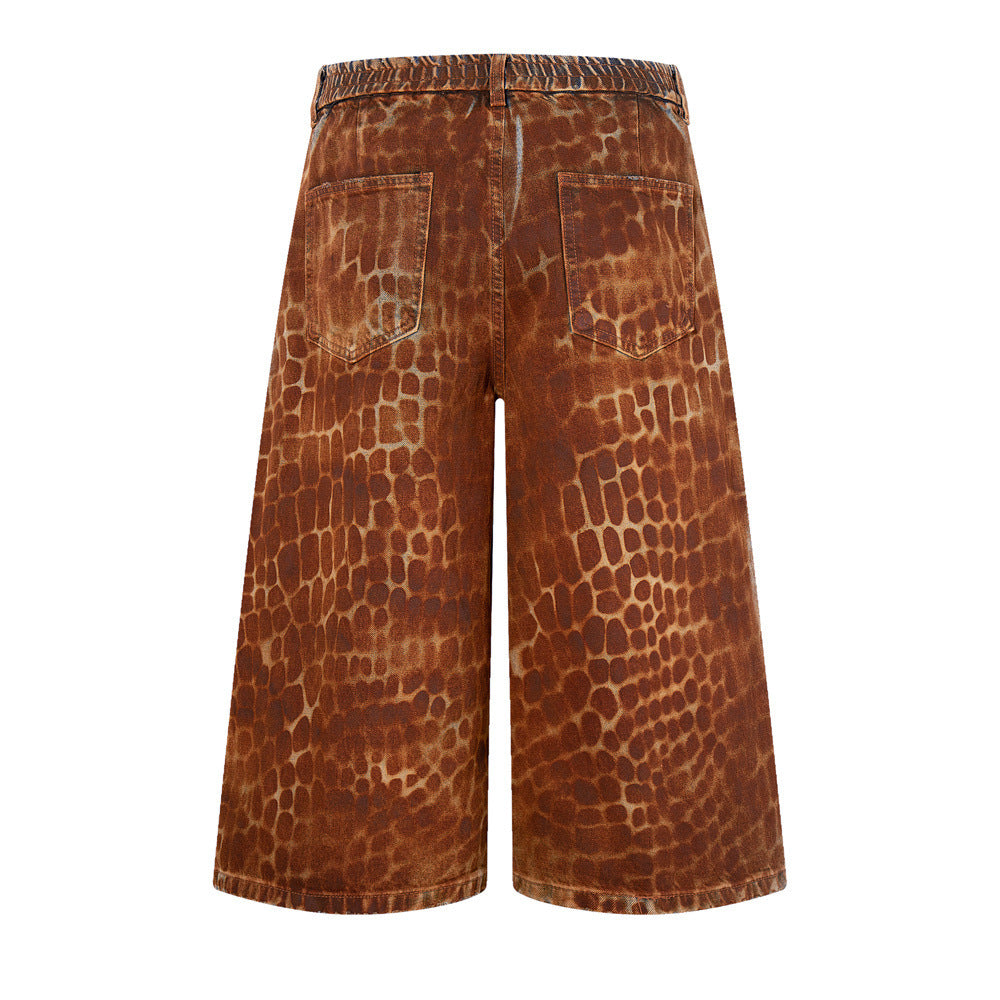 Leopard Print Wide-Leg Denim Shorts – Washed Rust Brown Animal Print