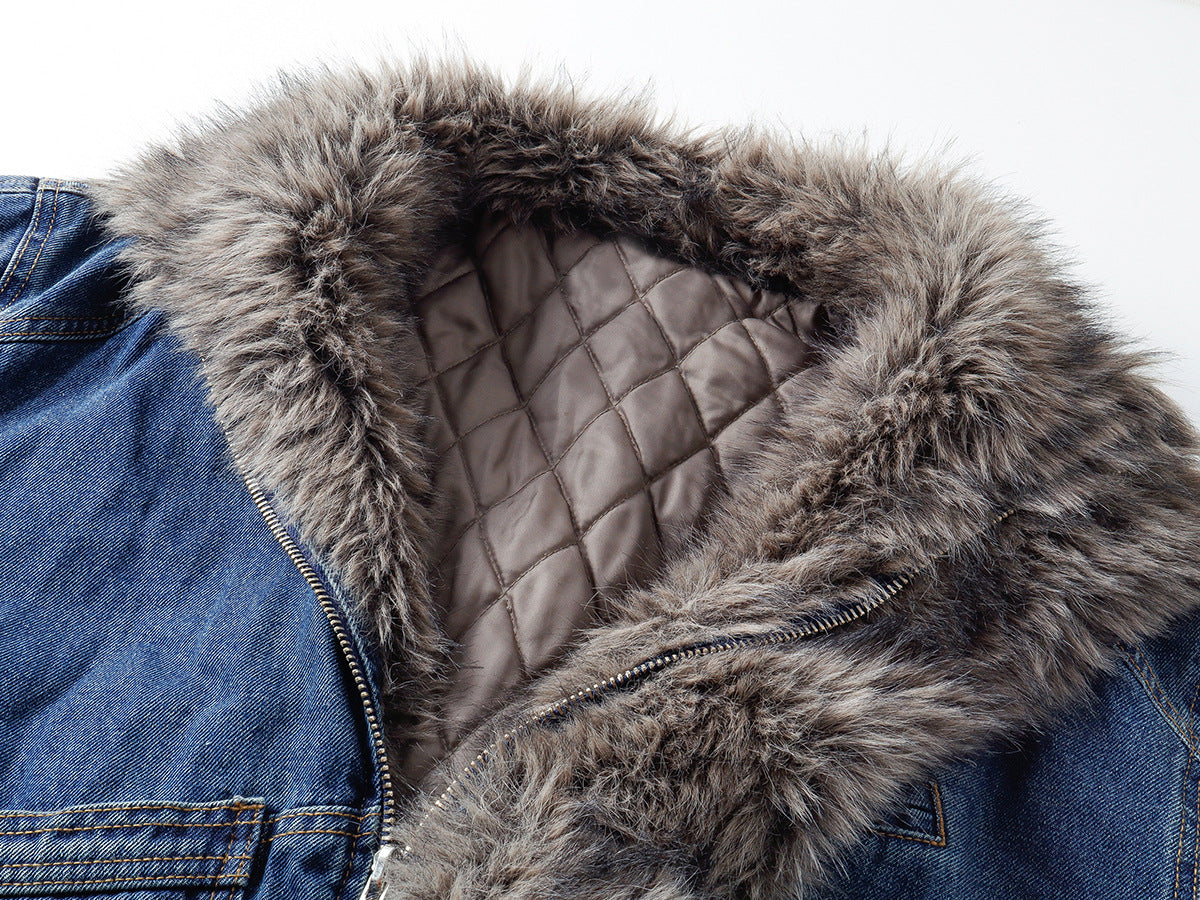 Fur-Lined Denim Jacket – Men's Winter Bomber with Faux Fur Collar & Quilted