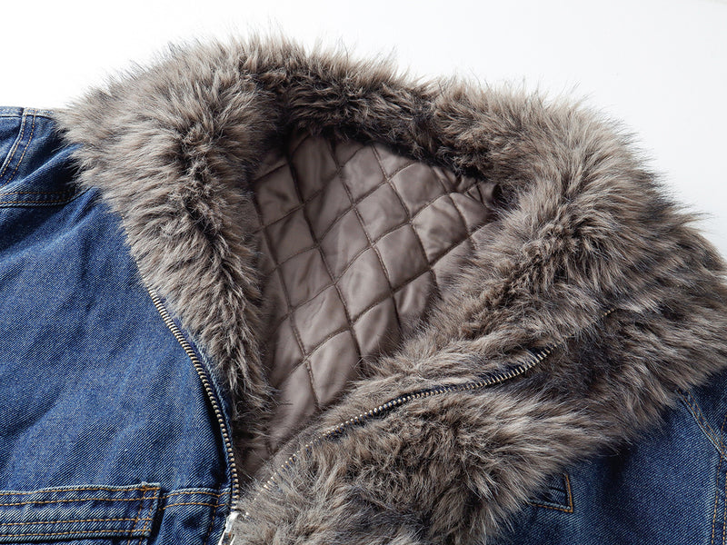 Fur-Lined Denim Jacket – Men's Winter Bomber with Faux Fur Collar & Quilted