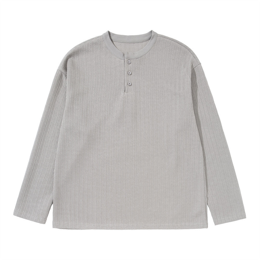 Men's oversized ribbed Henley long sleeve shirt in light grey with 3-button placket and vertical texture fabric