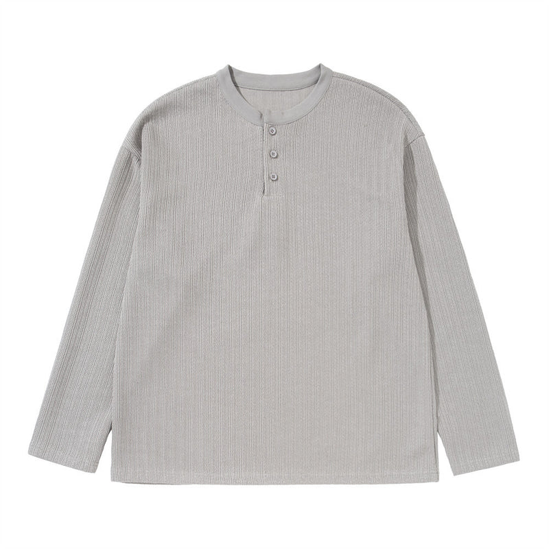 Men's oversized ribbed Henley long sleeve shirt in light grey with 3-button placket and vertical texture fabric