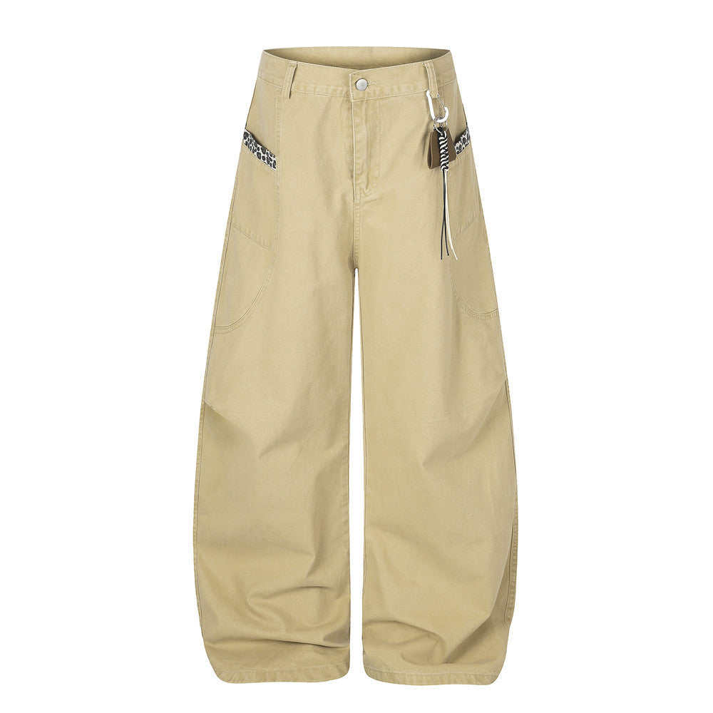 Wide-Leg Baggy Pants with Curved Hem, Leopard Trim & Carabiner Detail