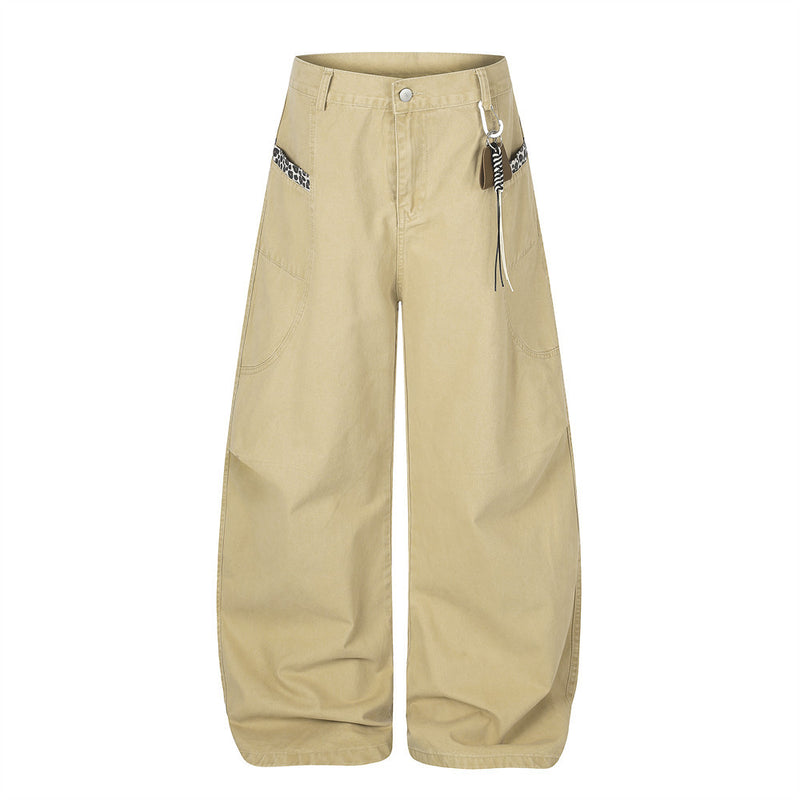 Wide-Leg Baggy Pants with Curved Hem, Leopard Trim & Carabiner Detail