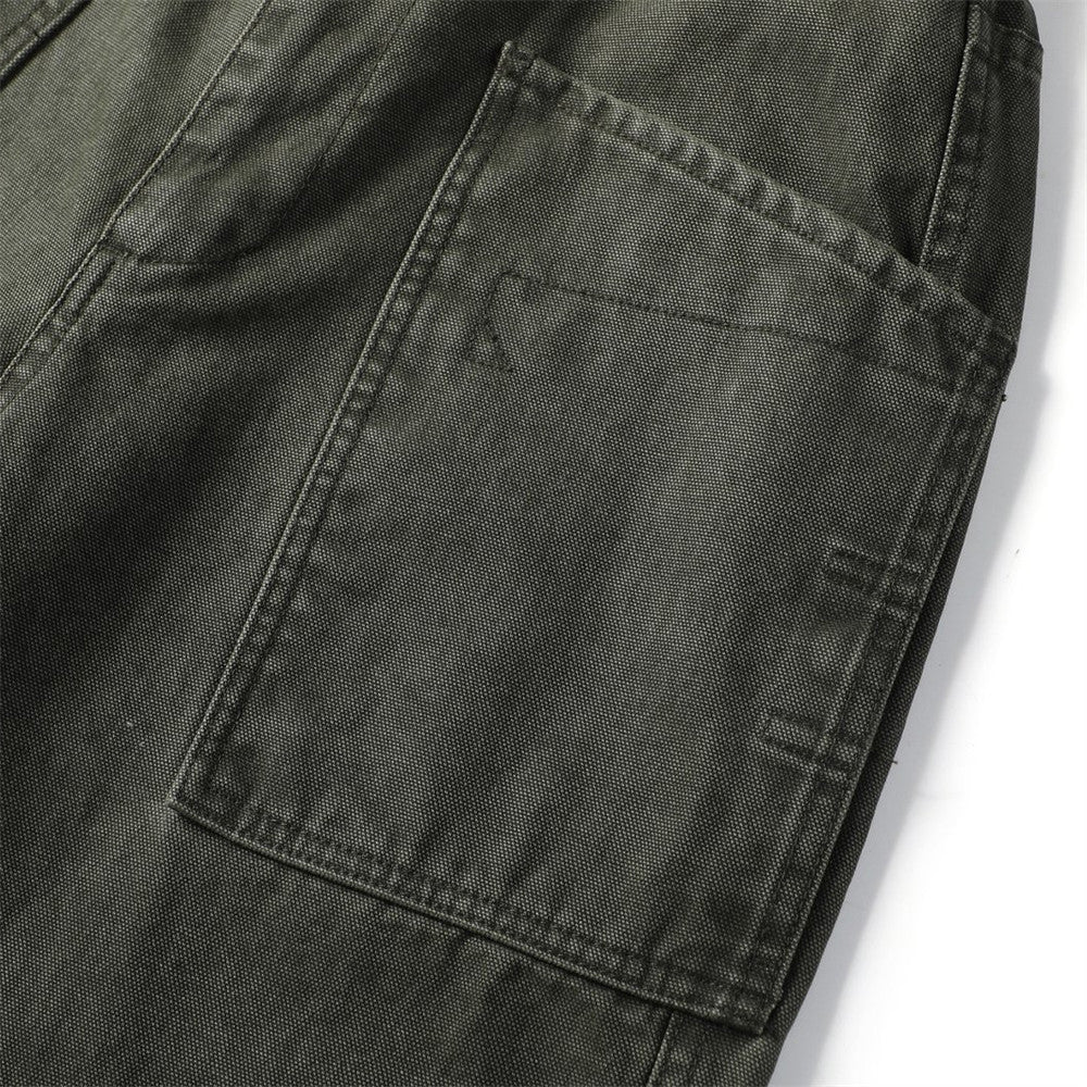 Vintage Washed Canvas Wide-Leg Utility Pants with Patch Pockets
