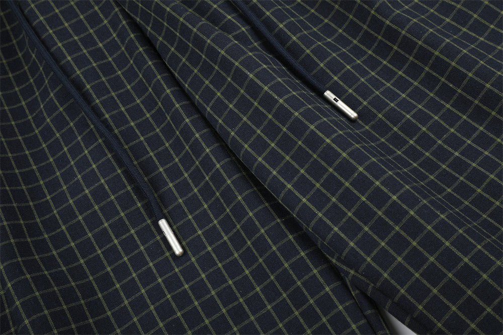 Wide-Leg Plaid Trousers – Elastic Waist Drawstring Contrast Band