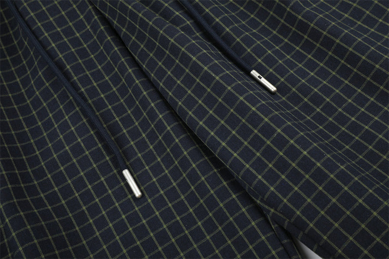 Wide-Leg Plaid Trousers – Elastic Waist Drawstring Contrast Band