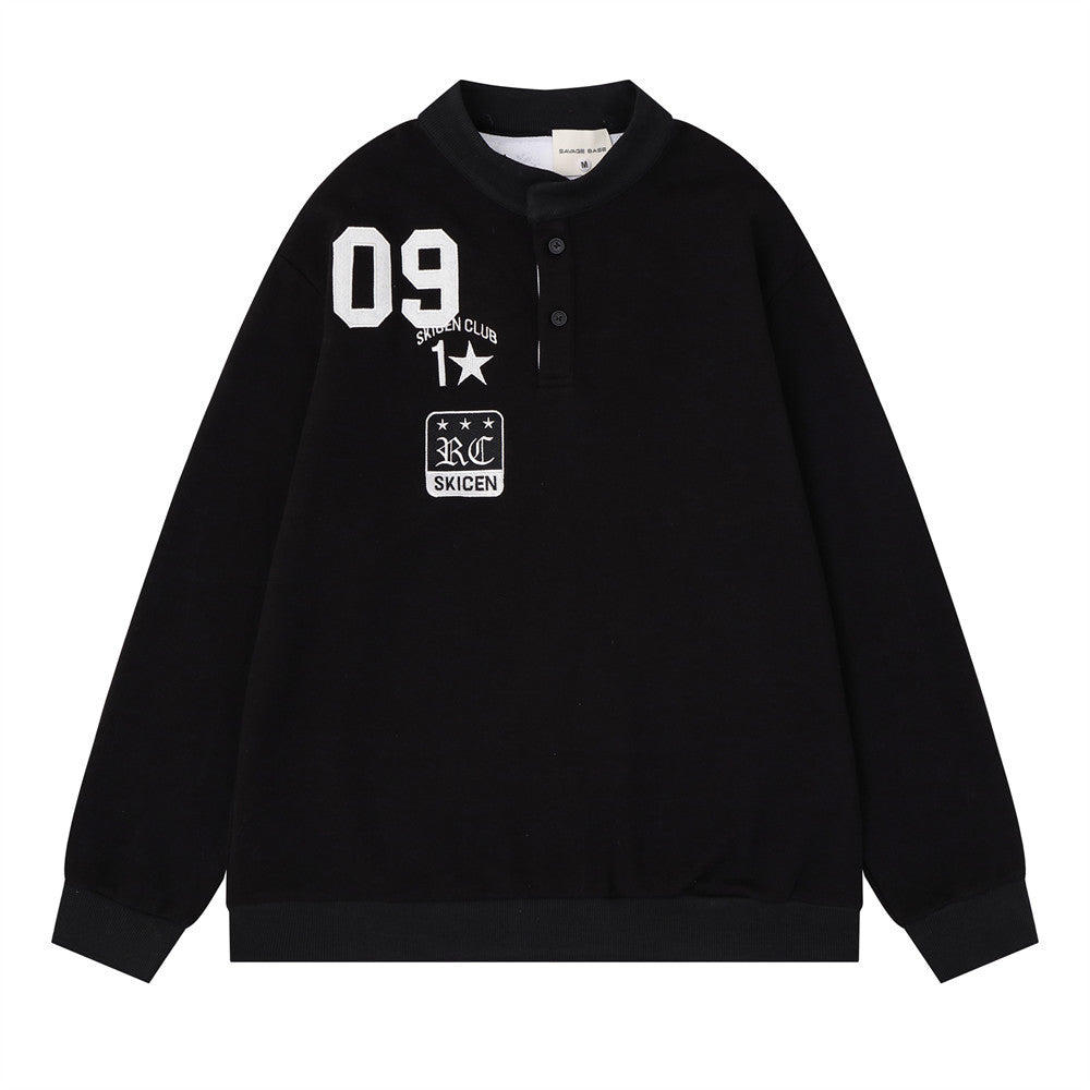 Men's black half-button stand collar pullover sweatshirt with varsity 09 front graphics and distressed stars and stripes flag