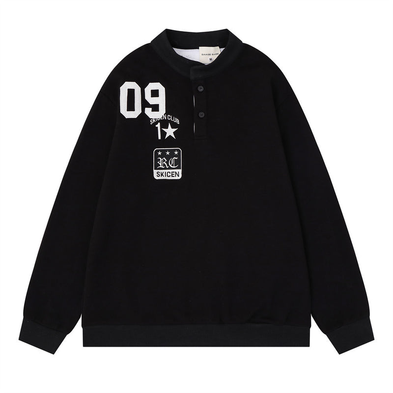 Men's black half-button stand collar pullover sweatshirt with varsity 09 front graphics and distressed stars and stripes flag