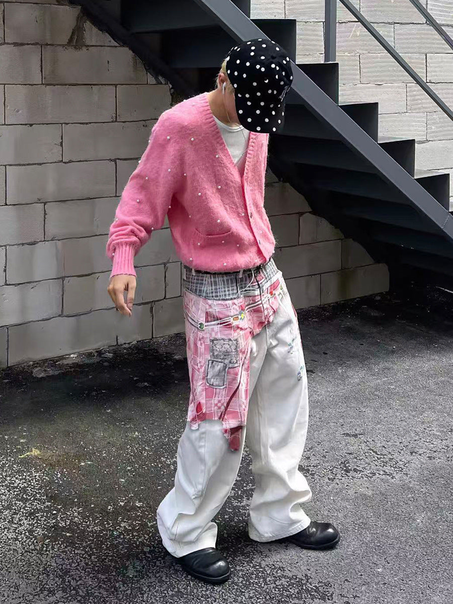 Pantalon ballon à jambes larges avec empiècement à carreaux patchwork – Blanc oversize streetwear