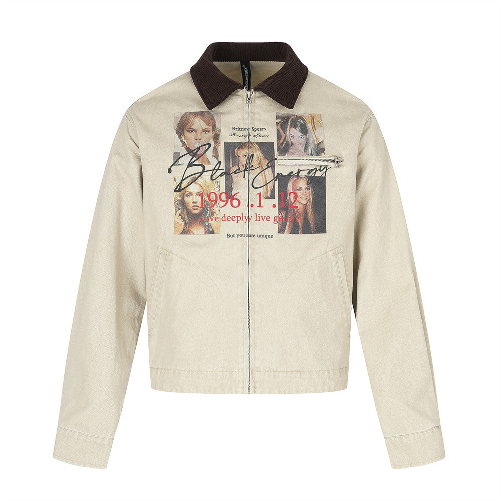 Beige distressed jean jacket front view with brown collar, zip closure, and graphic photo print