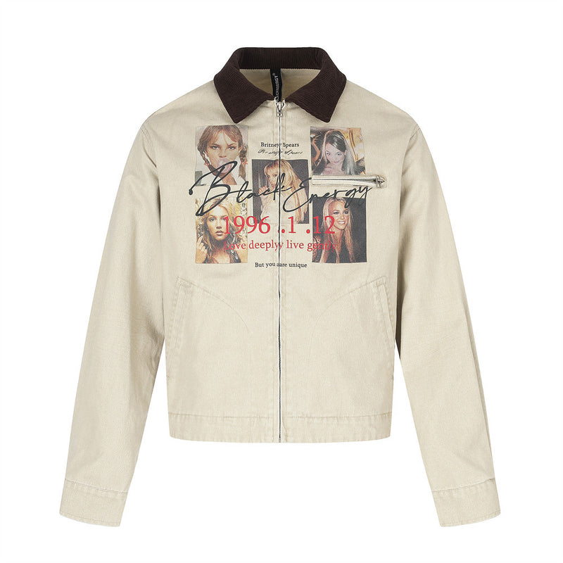 Beige distressed jean jacket front view with brown collar, zip closure, and graphic photo print