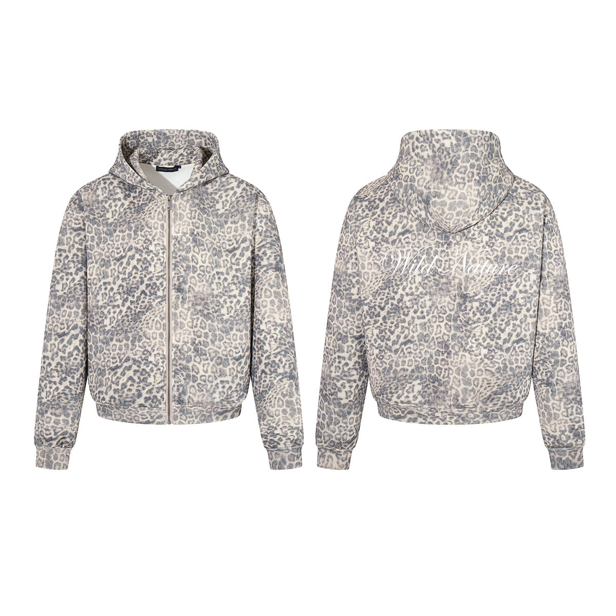 Sweat à capuche oversize zippé kaki et gris à imprimé léopard, motif Wild Nature au dos, vue de face et de dos
