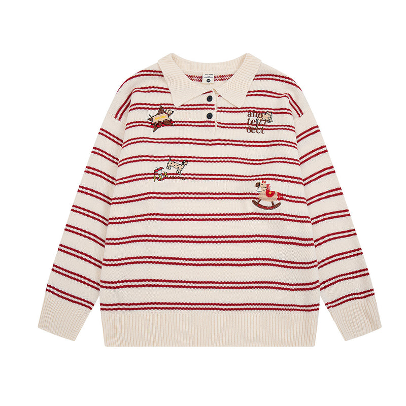 Striped Polo Knit Sweater with Cartoon Embroidery – Relaxed Unisex Pullover