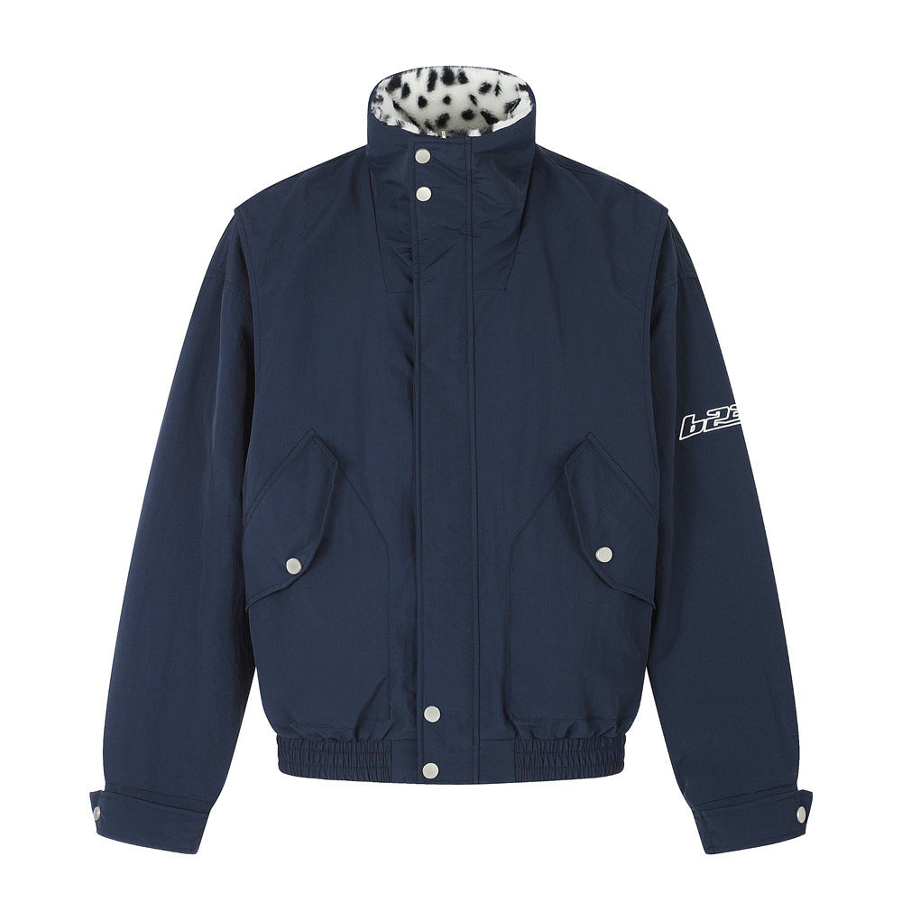 Reversible Stand-Collar Jacket Men's Dalmatian Faux Fur & Nylon Oversized Bomber