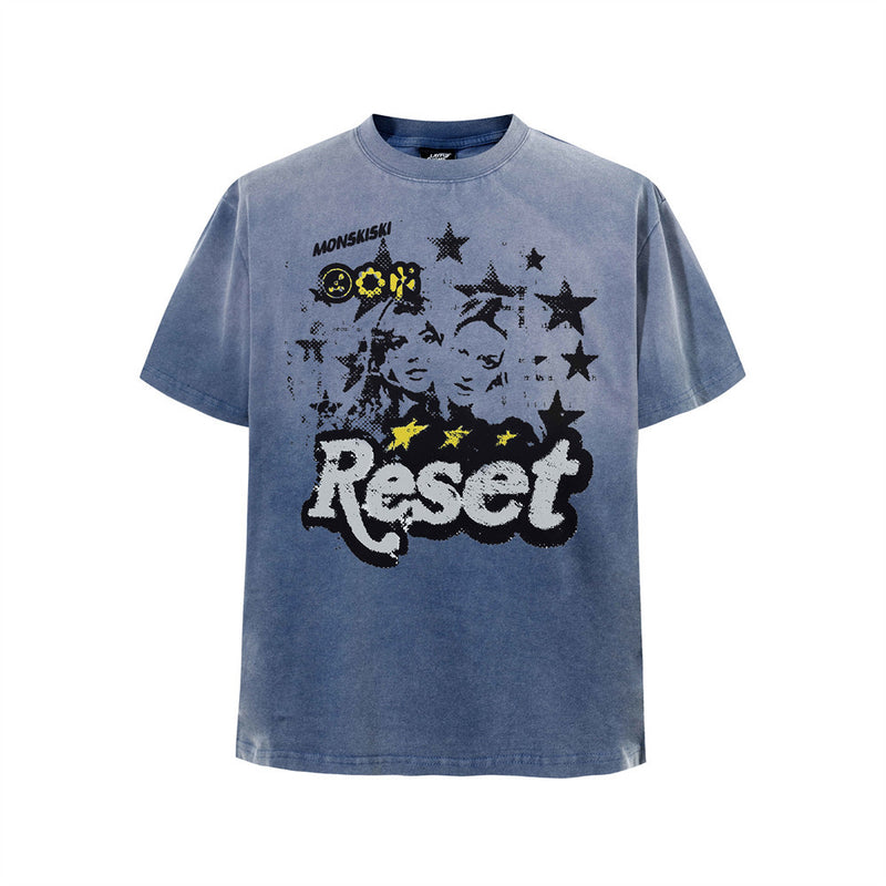 Tee-shirt graphique vintage délavé à l’acide – Imprimé étoiles Reset, coupe oversize
