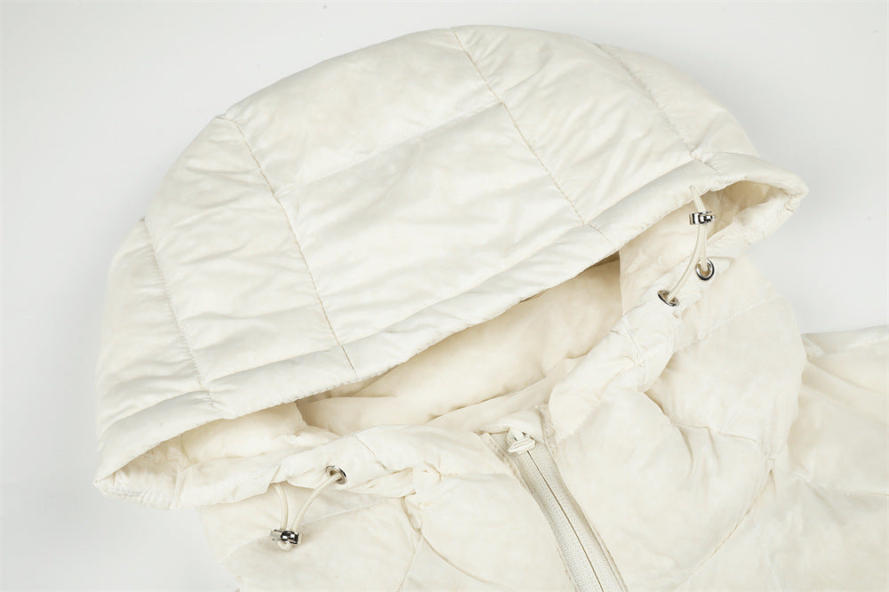 Men's Hooded Puffer Jacket – Irregular Quilted Stitch Design, Ivory & Black