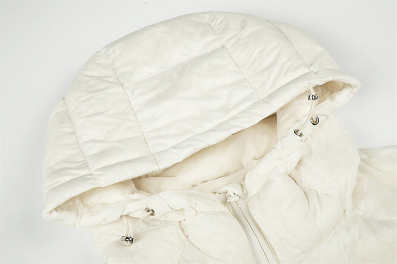 Men's Hooded Puffer Jacket – Irregular Quilted Stitch Design, Ivory & Black