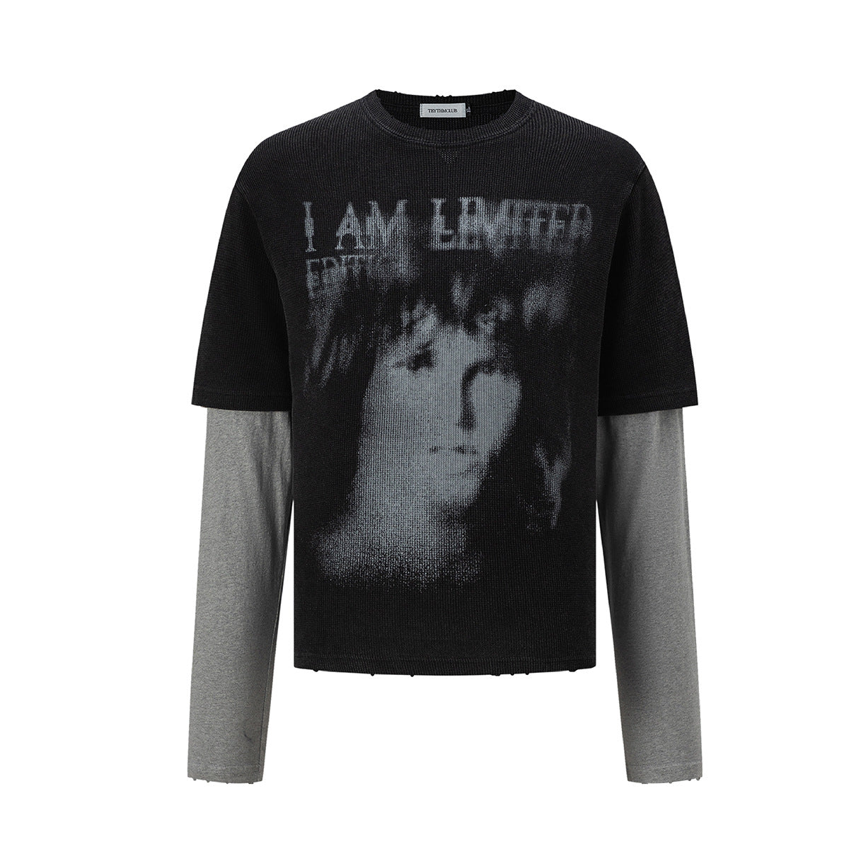 Faux Two-Piece Long Sleeve Graphic Tee – Waffle Knit Face Print Crew Neck Shirt