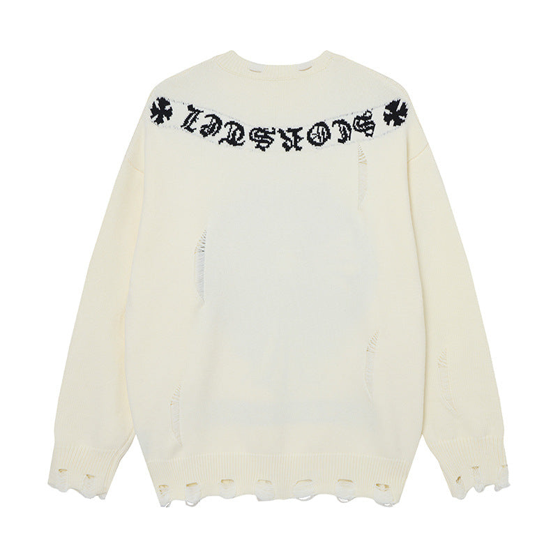 Pull en maille jacquard avec croix gothique et finitions usées – Esthétique sombre oversize